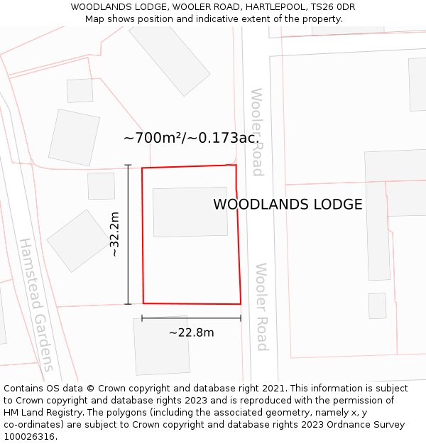 WOODLANDS LODGE, WOOLER ROAD, HARTLEPOOL, TS26 0DR: Plot and title map