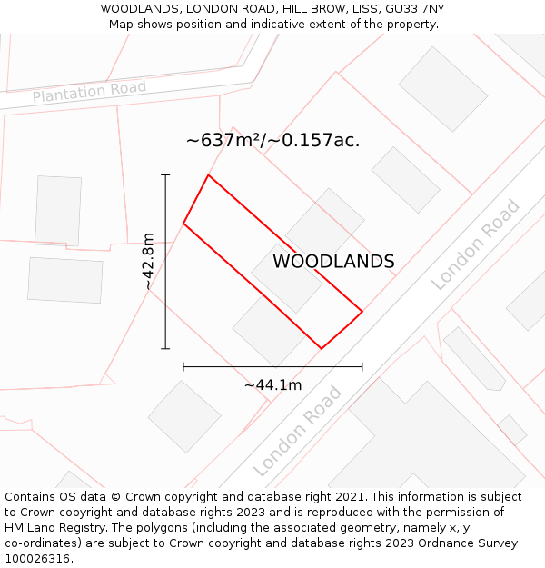 WOODLANDS, LONDON ROAD, HILL BROW, LISS, GU33 7NY: Plot and title map