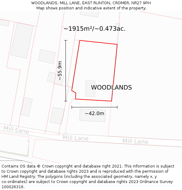 WOODLANDS, MILL LANE, EAST RUNTON, CROMER, NR27 9PH: Plot and title map