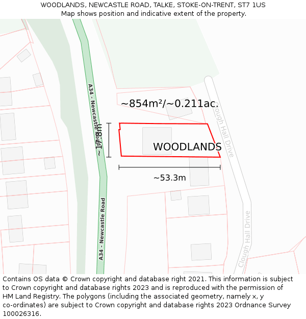 WOODLANDS, NEWCASTLE ROAD, TALKE, STOKE-ON-TRENT, ST7 1US: Plot and title map