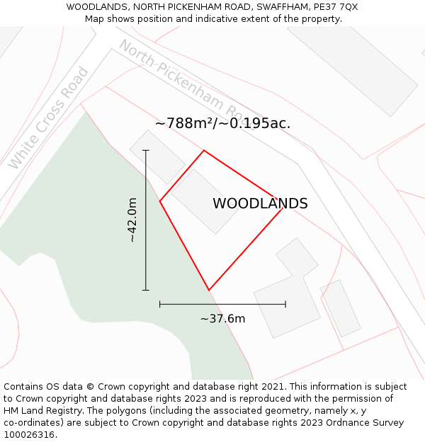 WOODLANDS, NORTH PICKENHAM ROAD, SWAFFHAM, PE37 7QX: Plot and title map