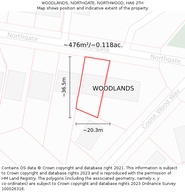 WOODLANDS, NORTHGATE, NORTHWOOD, HA6 2TH: Plot and title map