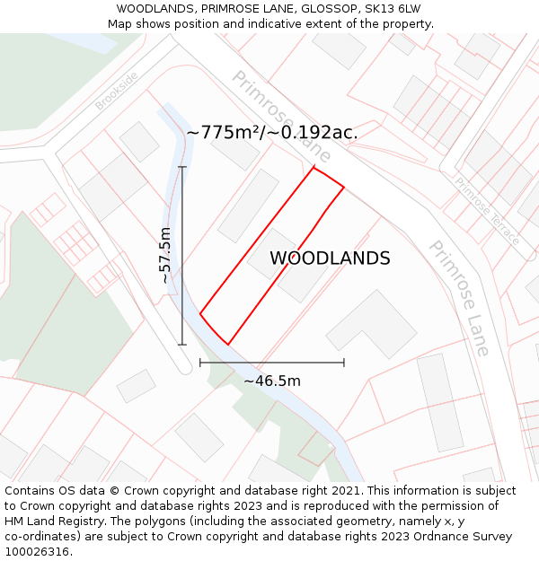 WOODLANDS, PRIMROSE LANE, GLOSSOP, SK13 6LW: Plot and title map