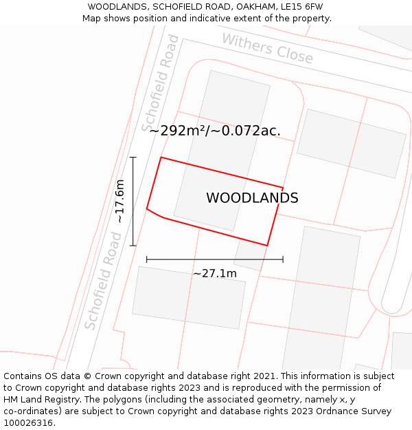 WOODLANDS, SCHOFIELD ROAD, OAKHAM, LE15 6FW: Plot and title map