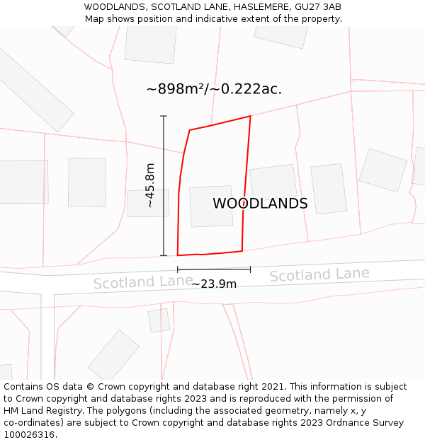 WOODLANDS, SCOTLAND LANE, HASLEMERE, GU27 3AB: Plot and title map