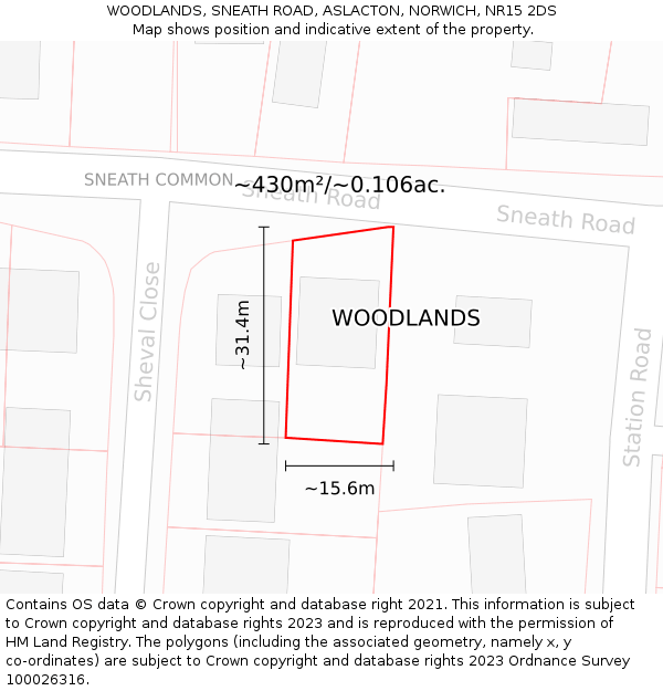 WOODLANDS, SNEATH ROAD, ASLACTON, NORWICH, NR15 2DS: Plot and title map