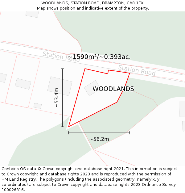 WOODLANDS, STATION ROAD, BRAMPTON, CA8 1EX: Plot and title map