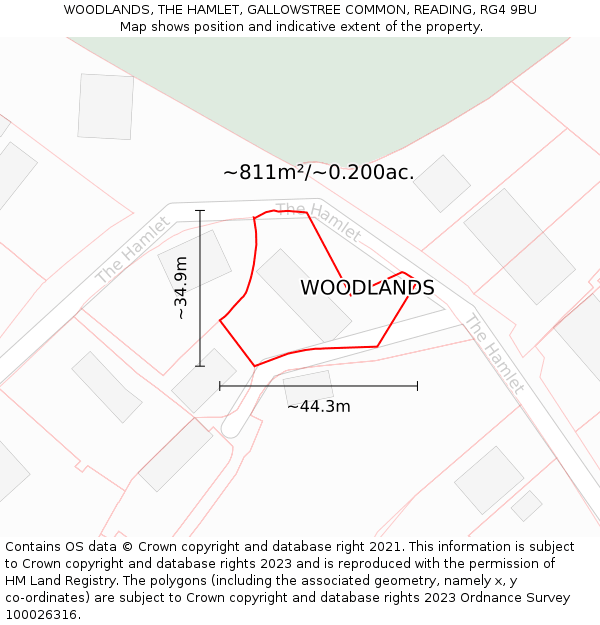 WOODLANDS, THE HAMLET, GALLOWSTREE COMMON, READING, RG4 9BU: Plot and title map