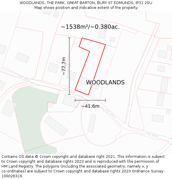 WOODLANDS, THE PARK, GREAT BARTON, BURY ST EDMUNDS, IP31 2SU: Plot and title map