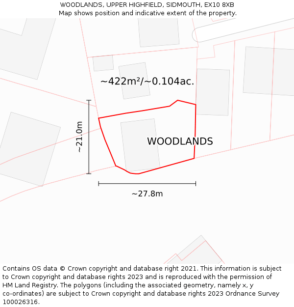 WOODLANDS, UPPER HIGHFIELD, SIDMOUTH, EX10 8XB: Plot and title map