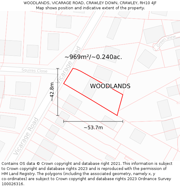 WOODLANDS, VICARAGE ROAD, CRAWLEY DOWN, CRAWLEY, RH10 4JF: Plot and title map