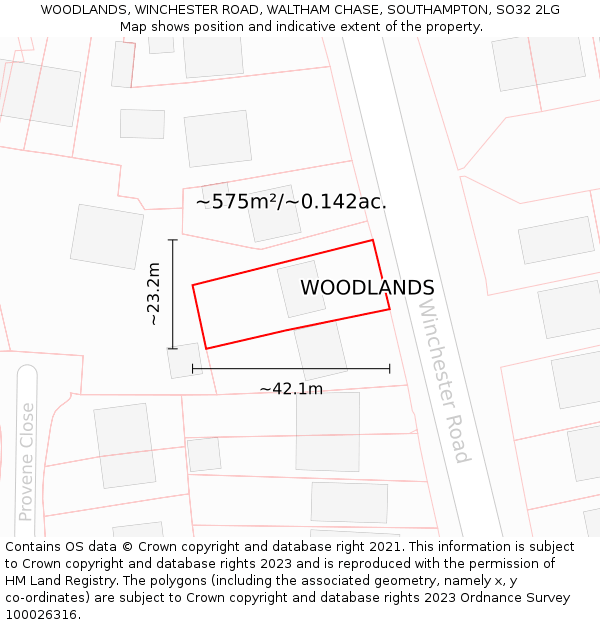 WOODLANDS, WINCHESTER ROAD, WALTHAM CHASE, SOUTHAMPTON, SO32 2LG: Plot and title map