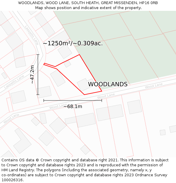 WOODLANDS, WOOD LANE, SOUTH HEATH, GREAT MISSENDEN, HP16 0RB: Plot and title map