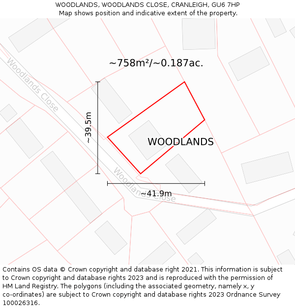 WOODLANDS, WOODLANDS CLOSE, CRANLEIGH, GU6 7HP: Plot and title map
