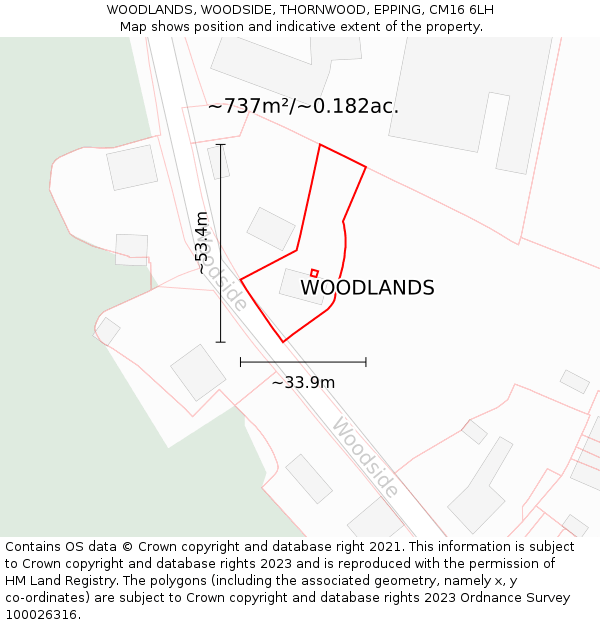 WOODLANDS, WOODSIDE, THORNWOOD, EPPING, CM16 6LH: Plot and title map