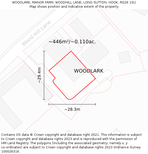 WOODLARK, MANOR FARM, WOODHILL LANE, LONG SUTTON, HOOK, RG29 1SU: Plot and title map