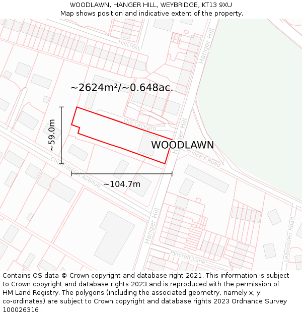 WOODLAWN, HANGER HILL, WEYBRIDGE, KT13 9XU: Plot and title map