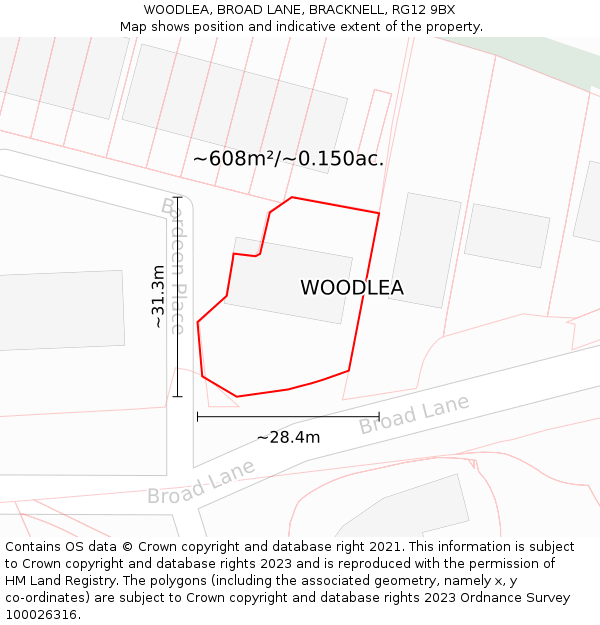 WOODLEA, BROAD LANE, BRACKNELL, RG12 9BX: Plot and title map