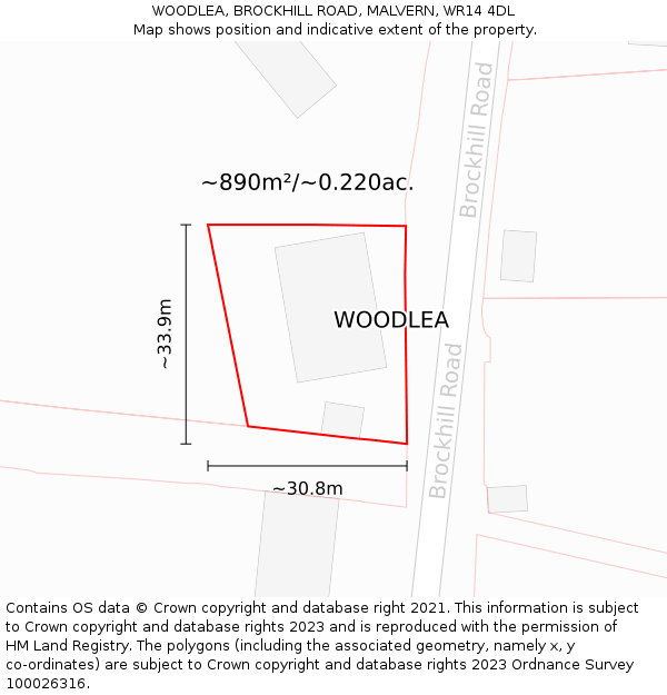 WOODLEA, BROCKHILL ROAD, MALVERN, WR14 4DL: Plot and title map