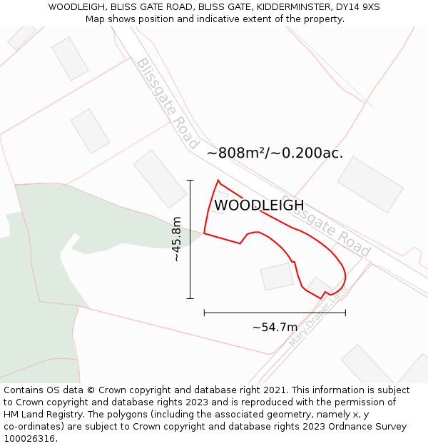 WOODLEIGH, BLISS GATE ROAD, BLISS GATE, KIDDERMINSTER, DY14 9XS: Plot and title map