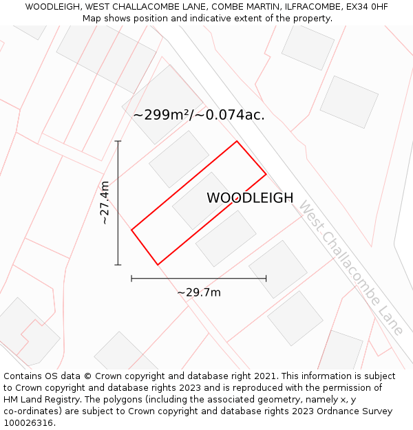 WOODLEIGH, WEST CHALLACOMBE LANE, COMBE MARTIN, ILFRACOMBE, EX34 0HF: Plot and title map