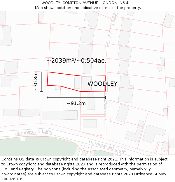 WOODLEY, COMPTON AVENUE, LONDON, N6 4LH: Plot and title map