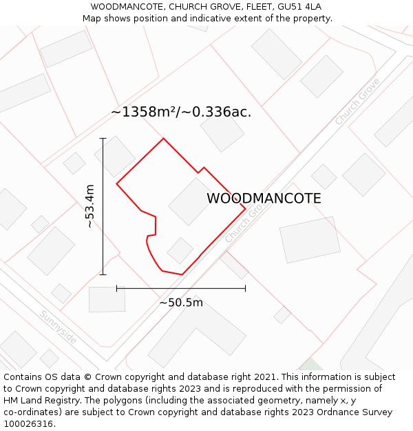WOODMANCOTE, CHURCH GROVE, FLEET, GU51 4LA: Plot and title map
