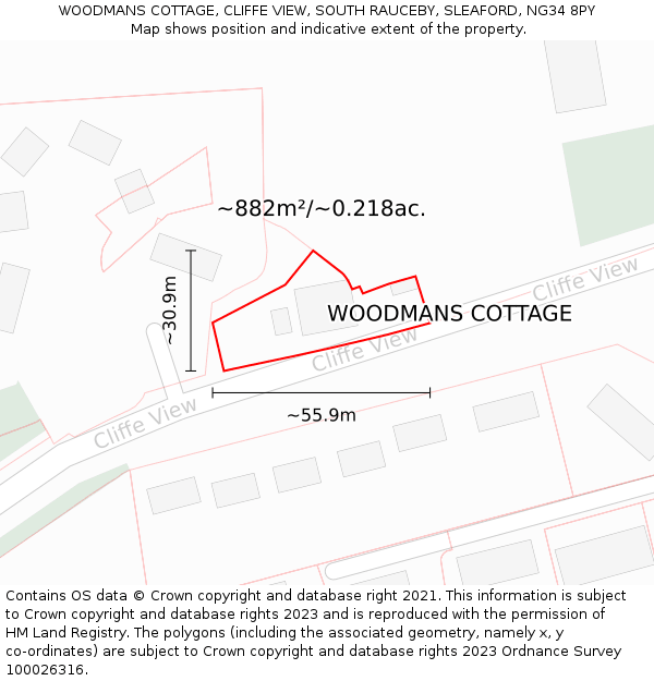 WOODMANS COTTAGE, CLIFFE VIEW, SOUTH RAUCEBY, SLEAFORD, NG34 8PY: Plot and title map