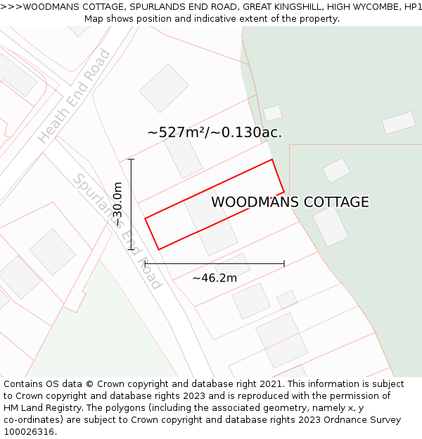 WOODMANS COTTAGE, SPURLANDS END ROAD, GREAT KINGSHILL, HIGH WYCOMBE, HP15 6HX: Plot and title map