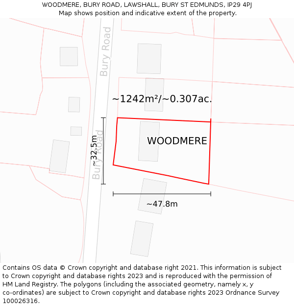 WOODMERE, BURY ROAD, LAWSHALL, BURY ST EDMUNDS, IP29 4PJ: Plot and title map