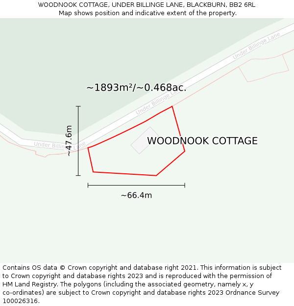 WOODNOOK COTTAGE, UNDER BILLINGE LANE, BLACKBURN, BB2 6RL: Plot and title map