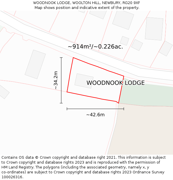 WOODNOOK LODGE, WOOLTON HILL, NEWBURY, RG20 9XF: Plot and title map