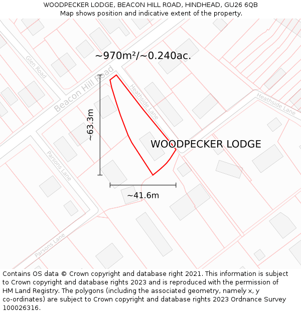 WOODPECKER LODGE, BEACON HILL ROAD, HINDHEAD, GU26 6QB: Plot and title map
