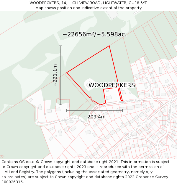 WOODPECKERS, 14, HIGH VIEW ROAD, LIGHTWATER, GU18 5YE: Plot and title map