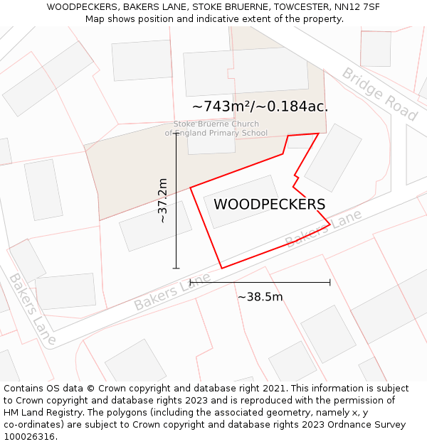 WOODPECKERS, BAKERS LANE, STOKE BRUERNE, TOWCESTER, NN12 7SF: Plot and title map