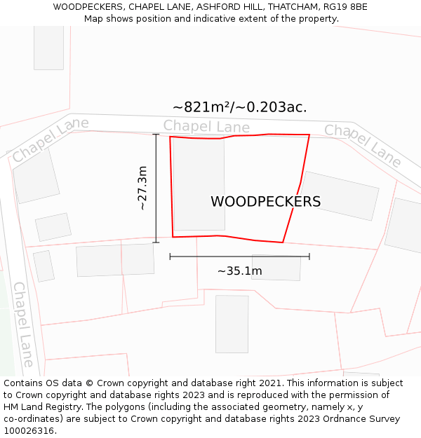 WOODPECKERS, CHAPEL LANE, ASHFORD HILL, THATCHAM, RG19 8BE: Plot and title map