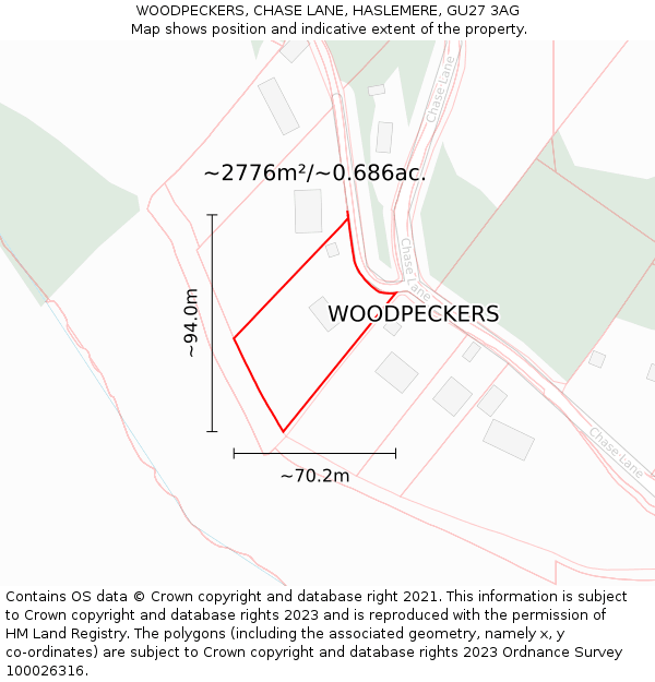 WOODPECKERS, CHASE LANE, HASLEMERE, GU27 3AG: Plot and title map