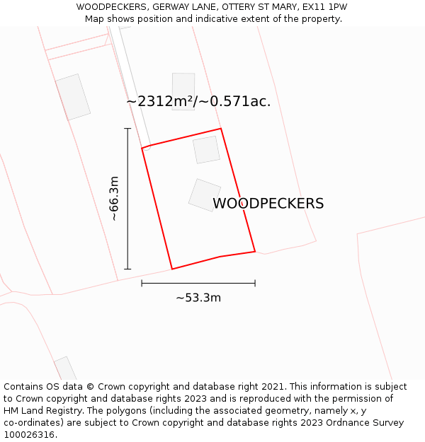 WOODPECKERS, GERWAY LANE, OTTERY ST MARY, EX11 1PW: Plot and title map