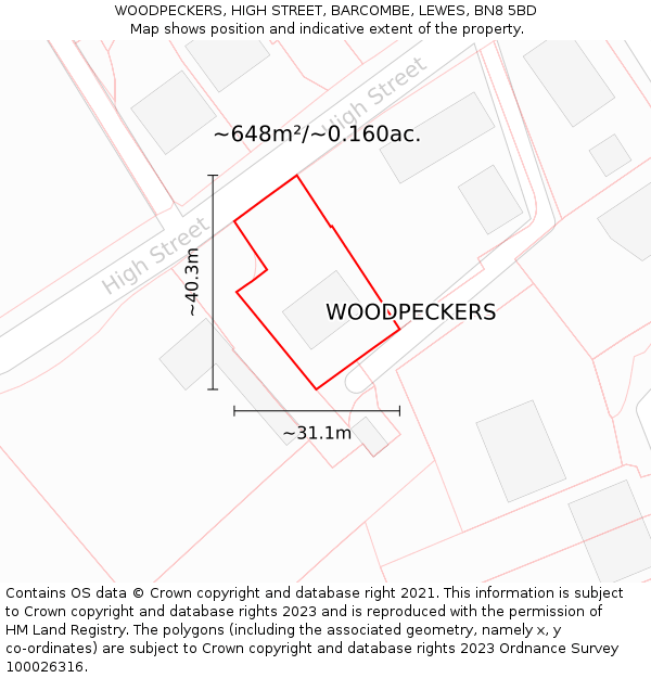 WOODPECKERS, HIGH STREET, BARCOMBE, LEWES, BN8 5BD: Plot and title map