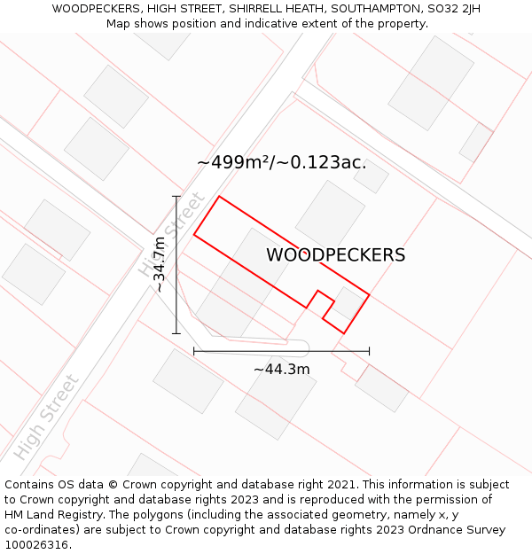 WOODPECKERS, HIGH STREET, SHIRRELL HEATH, SOUTHAMPTON, SO32 2JH: Plot and title map