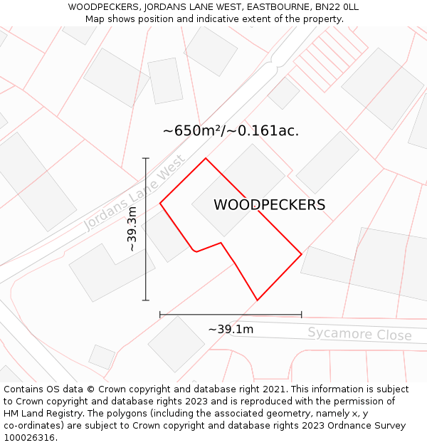 WOODPECKERS, JORDANS LANE WEST, EASTBOURNE, BN22 0LL: Plot and title map
