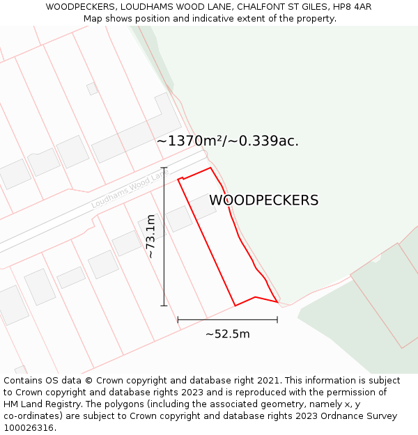 WOODPECKERS, LOUDHAMS WOOD LANE, CHALFONT ST GILES, HP8 4AR: Plot and title map