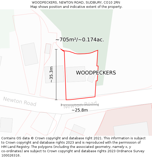 WOODPECKERS, NEWTON ROAD, SUDBURY, CO10 2RN: Plot and title map