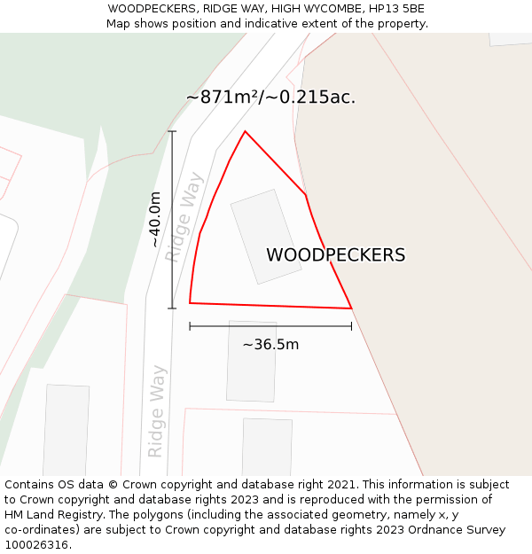 WOODPECKERS, RIDGE WAY, HIGH WYCOMBE, HP13 5BE: Plot and title map