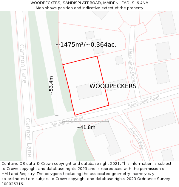 WOODPECKERS, SANDISPLATT ROAD, MAIDENHEAD, SL6 4NA: Plot and title map
