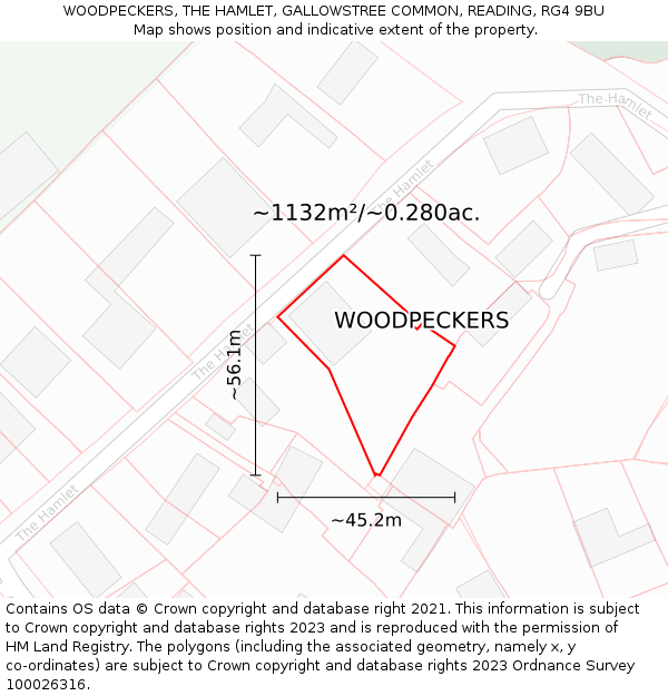 WOODPECKERS, THE HAMLET, GALLOWSTREE COMMON, READING, RG4 9BU: Plot and title map