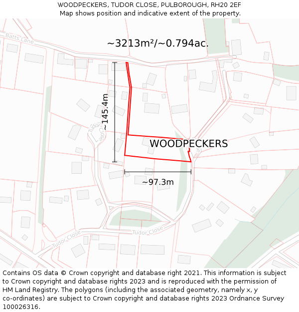 WOODPECKERS, TUDOR CLOSE, PULBOROUGH, RH20 2EF: Plot and title map