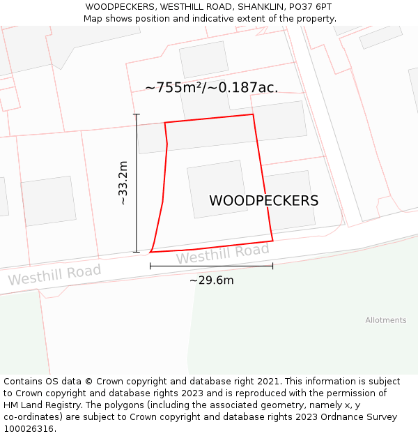 WOODPECKERS, WESTHILL ROAD, SHANKLIN, PO37 6PT: Plot and title map