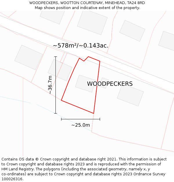 WOODPECKERS, WOOTTON COURTENAY, MINEHEAD, TA24 8RD: Plot and title map