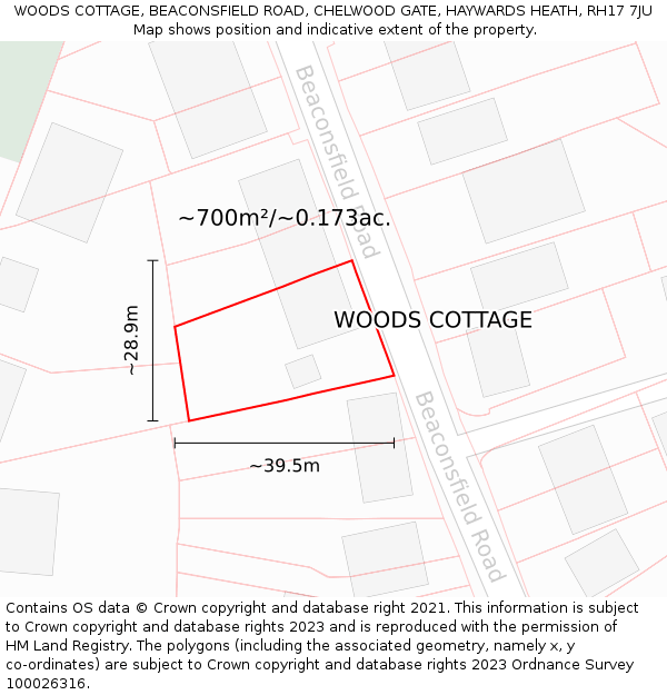 WOODS COTTAGE, BEACONSFIELD ROAD, CHELWOOD GATE, HAYWARDS HEATH, RH17 7JU: Plot and title map